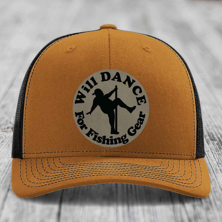 Tan trucker hat with black mesh back and embroidered circular patch reading &