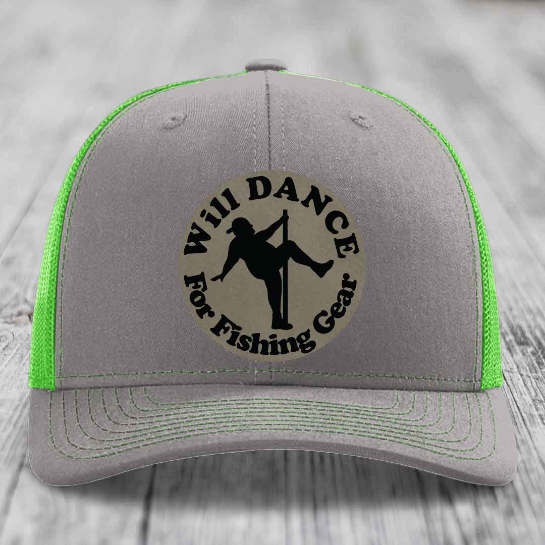 Grey trucker hat with neon green mesh and stitching, featuring a circular &