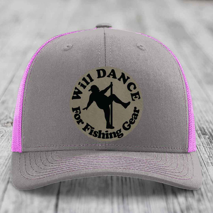 Grey trucker hat with pink mesh sides and a circular patch that says &