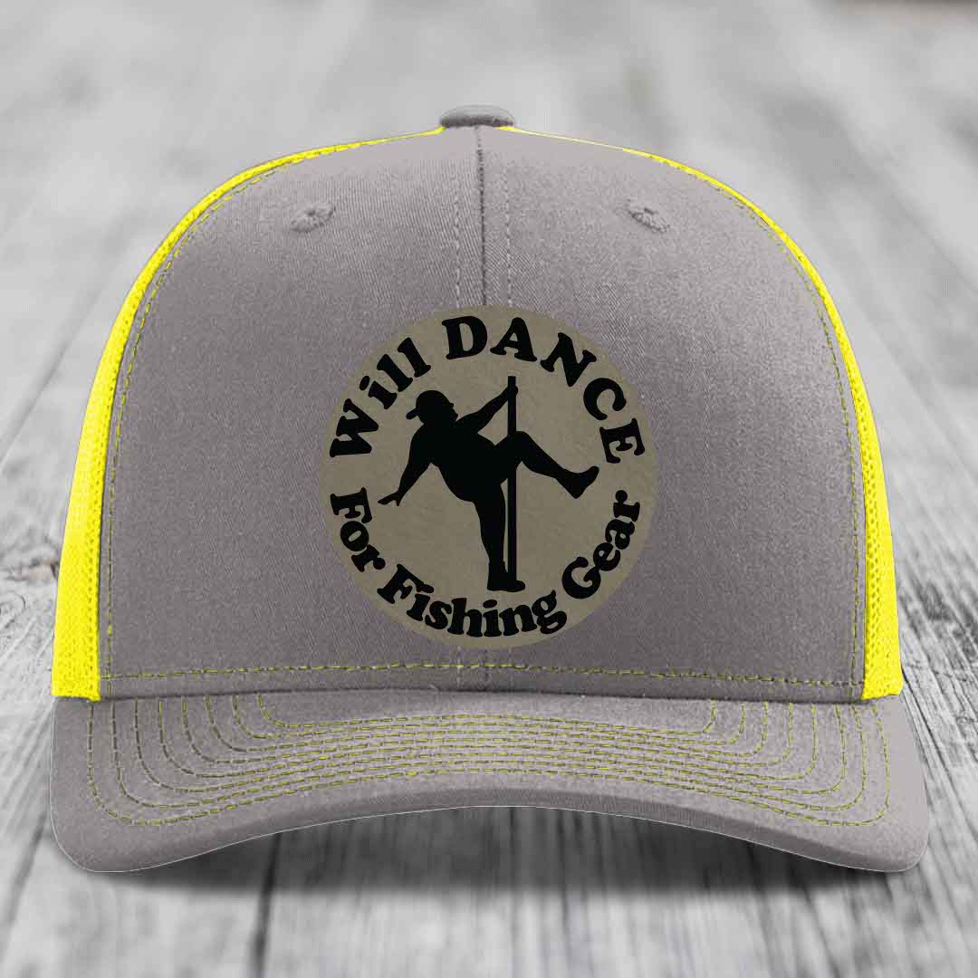 Grey trucker hat with yellow mesh and stitching, featuring a circular &
