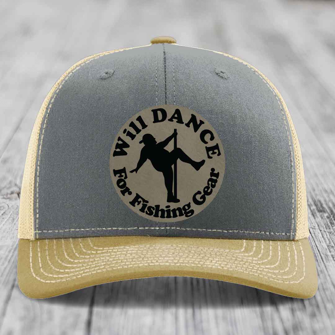 Grey and beige trucker hat with circular leather patch showing dancer silhouette and text &