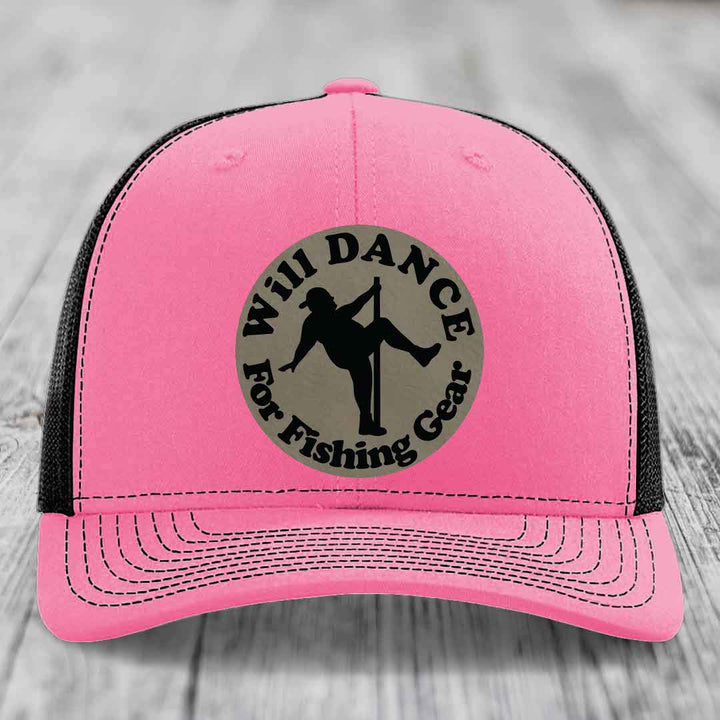 Pink trucker hat with black mesh back and gray circular patch featuring a pole dancer silhouette and text &