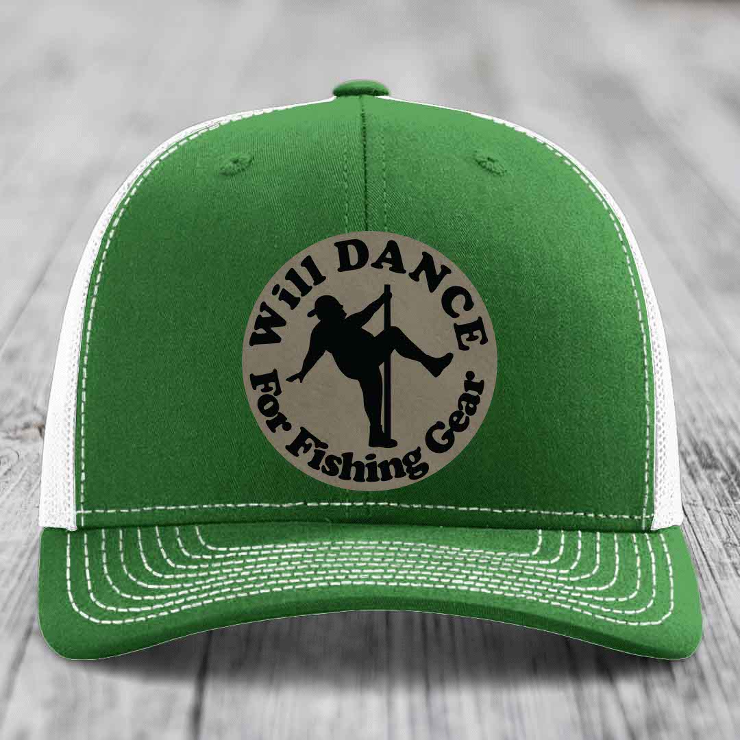 Green trucker hat with white mesh back and stitching, featuring a circular leather patch that reads &