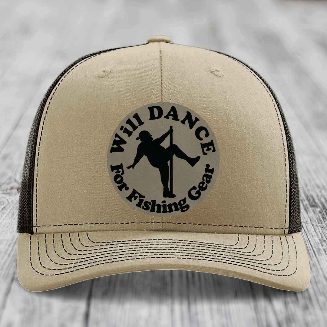 Tan trucker hat with black mesh back and embroidered circular patch reading &