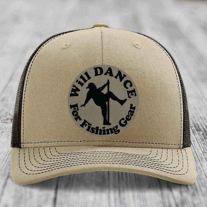 Tan trucker hat with black mesh back and embroidered circular patch reading &