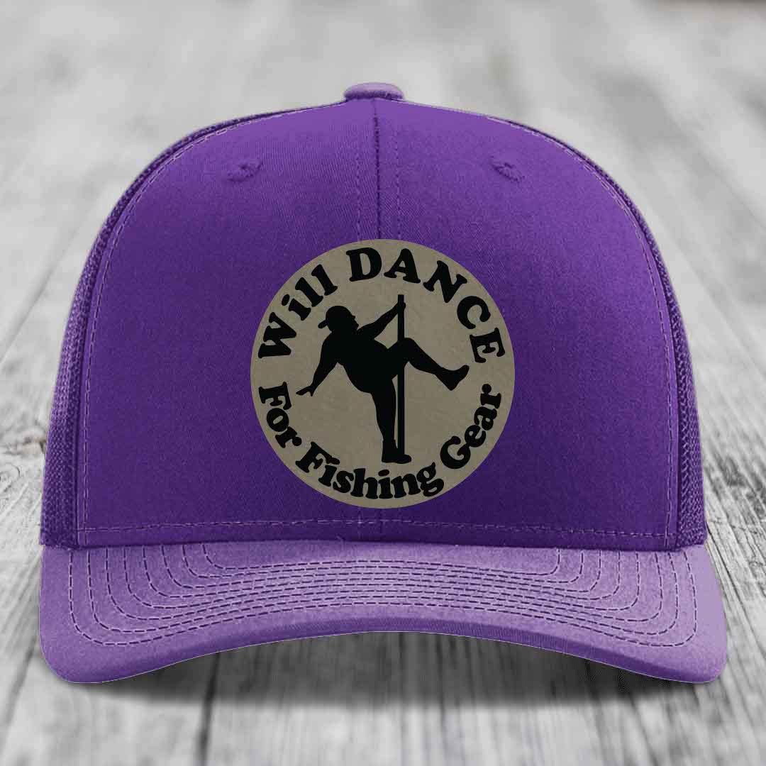 Purple trucker hat with circular patch showing silhouette of person dancing and text &