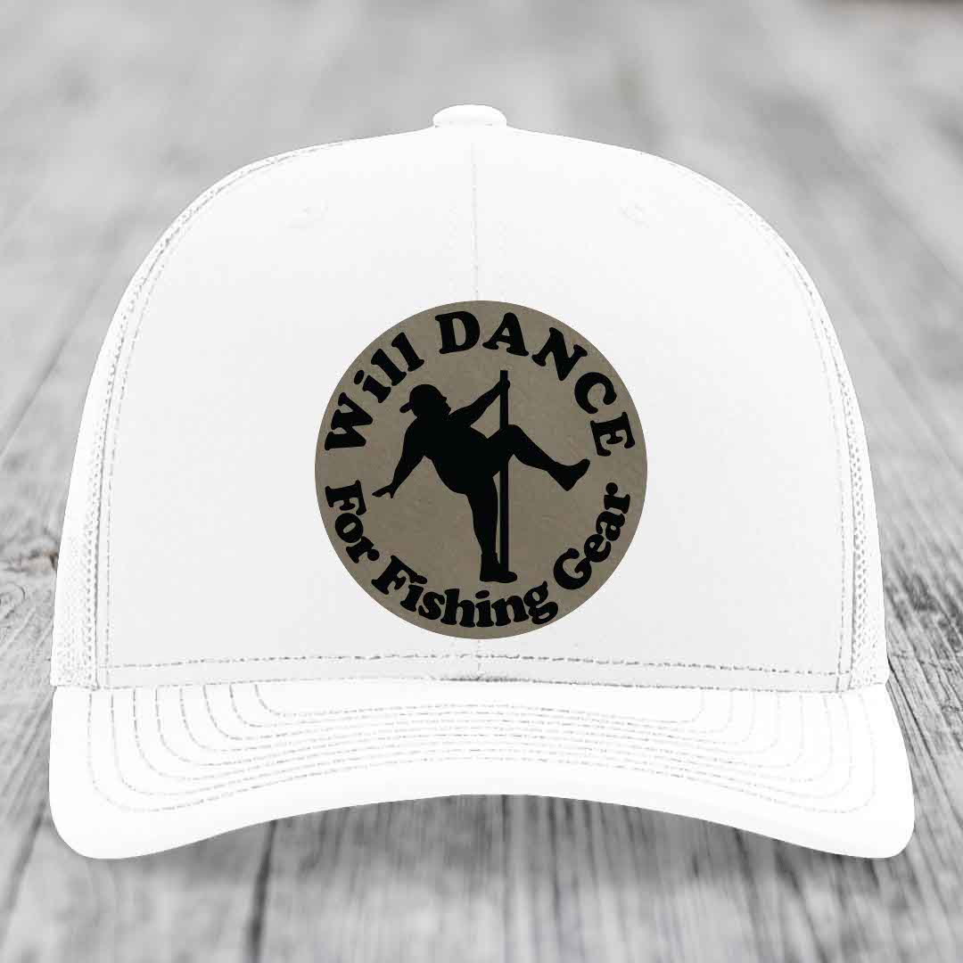 White trucker hat with circular patch showing silhouette of person dancing and text &