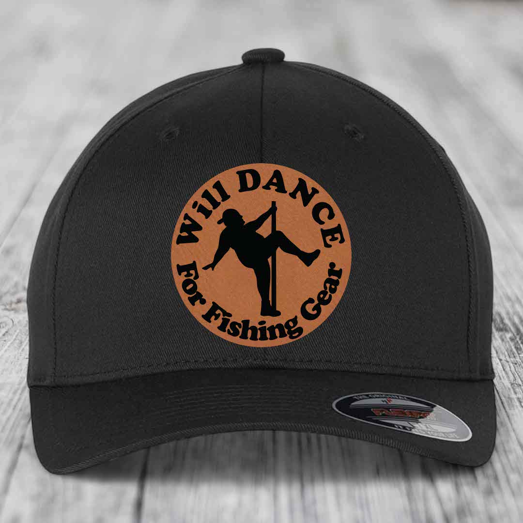 Black baseball cap with circular tan patch featuring a pole dancer silhouette and text &
