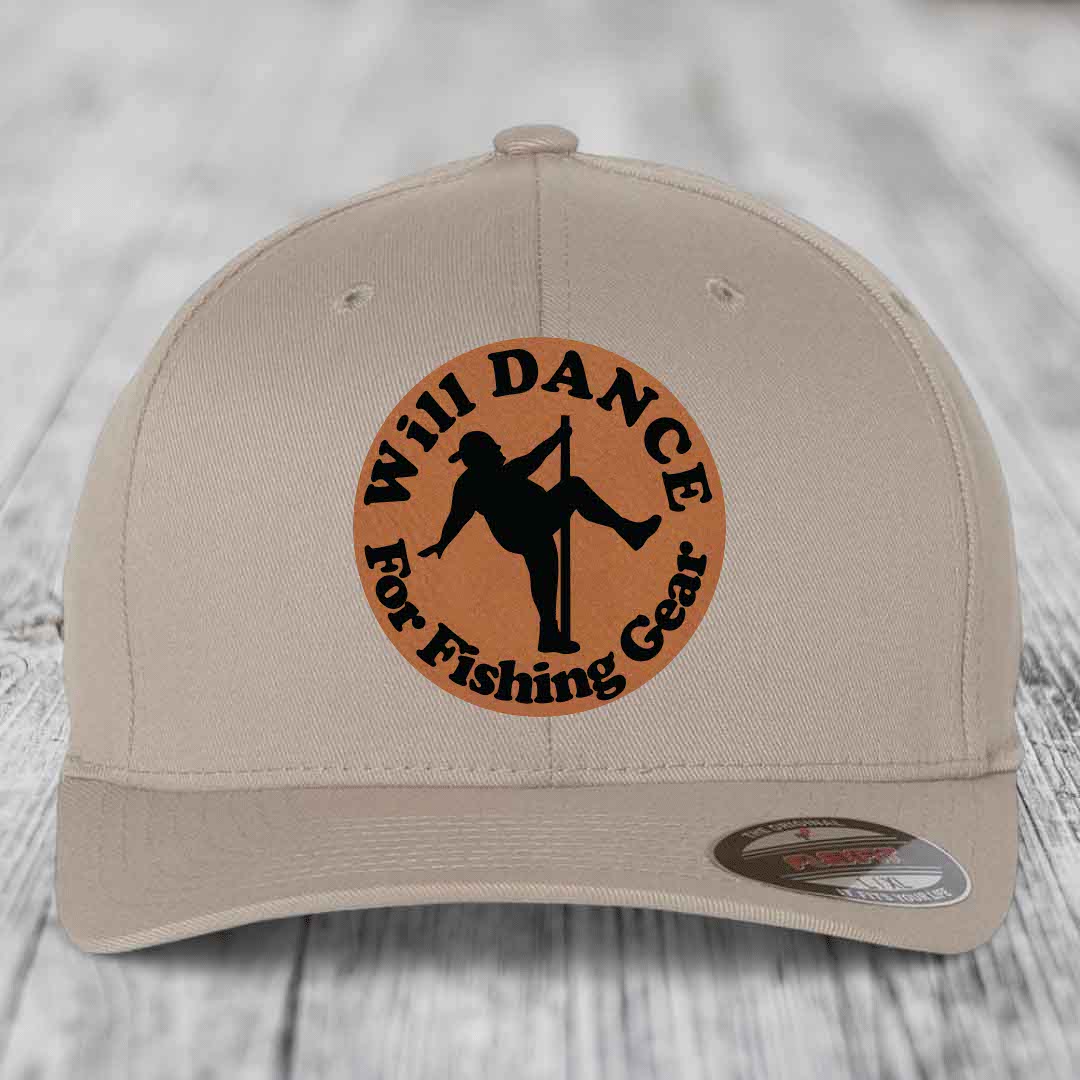 Tan baseball cap with circular brown leather patch showing silhouette of person dancing and text &