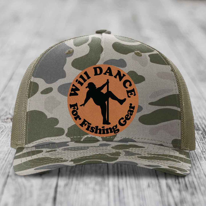 Camouflage trucker hat with brown circular patch reading &