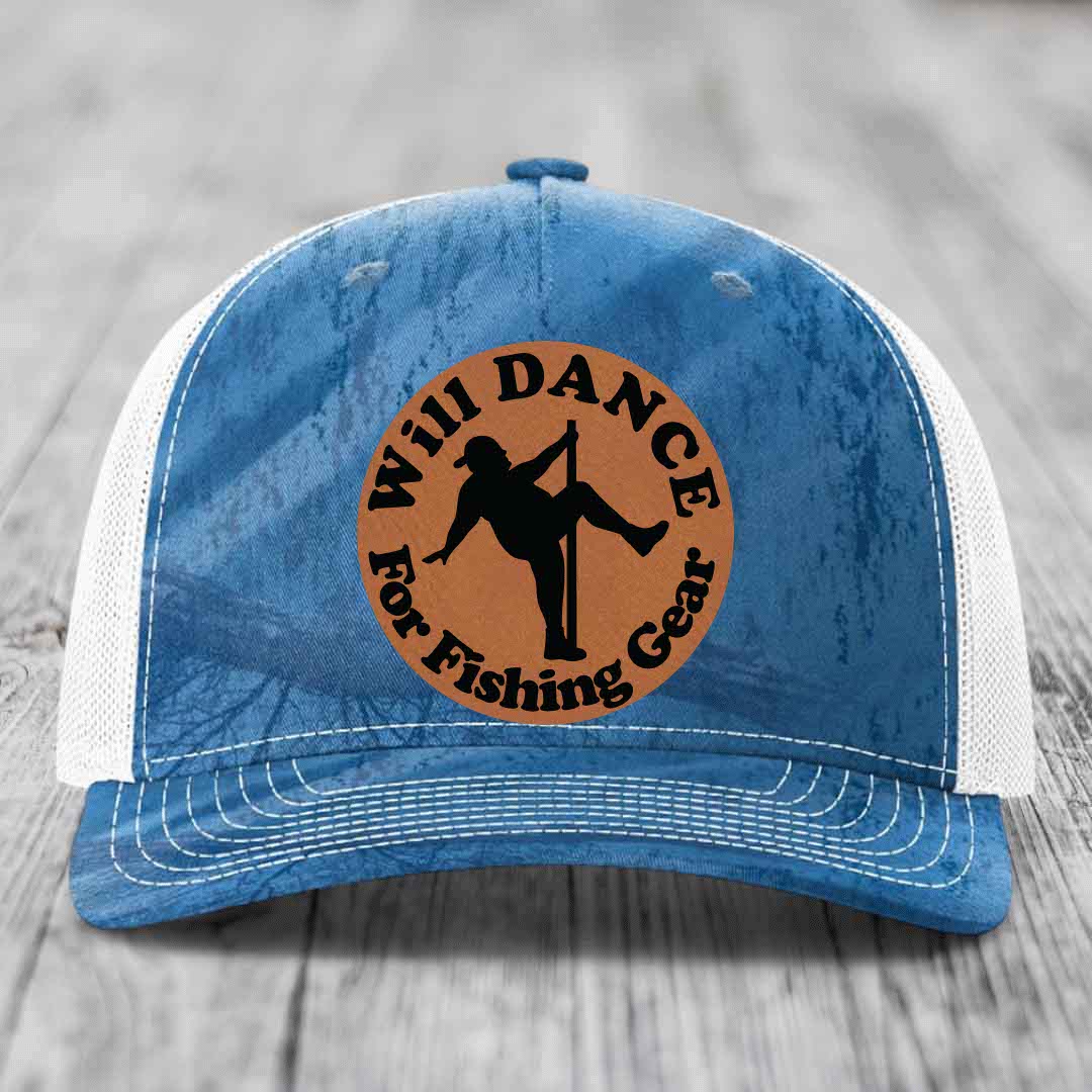 Blue and white trucker hat with a brown leather patch that says &