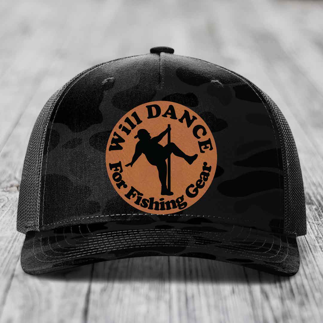 Black camouflage trucker hat with brown circular patch reading &