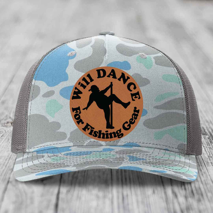 Camouflage trucker hat with brown circular patch reading &