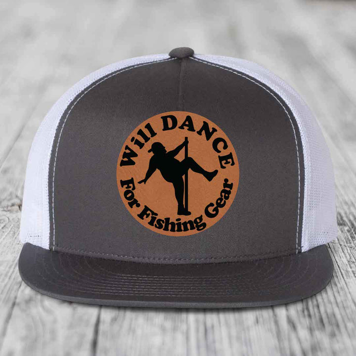 Grey and white trucker hat with brown leather patch reading &