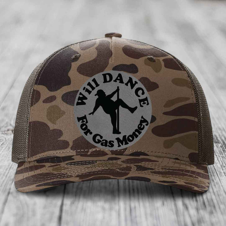 Will Dance For Gas Money - Leather Patch Hat - Grey to Black Patch - Richardson 112PFP Snapback Trucker Hat