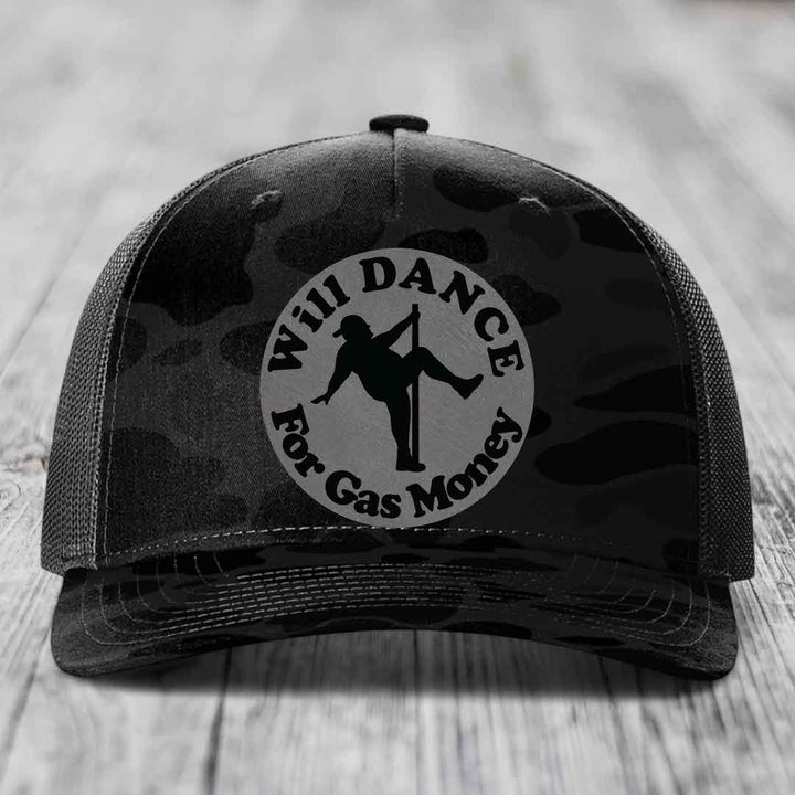 Will Dance For Gas Money - Leather Patch Hat - Grey to Black Patch - Richardson 112PFP Snapback Trucker Hat