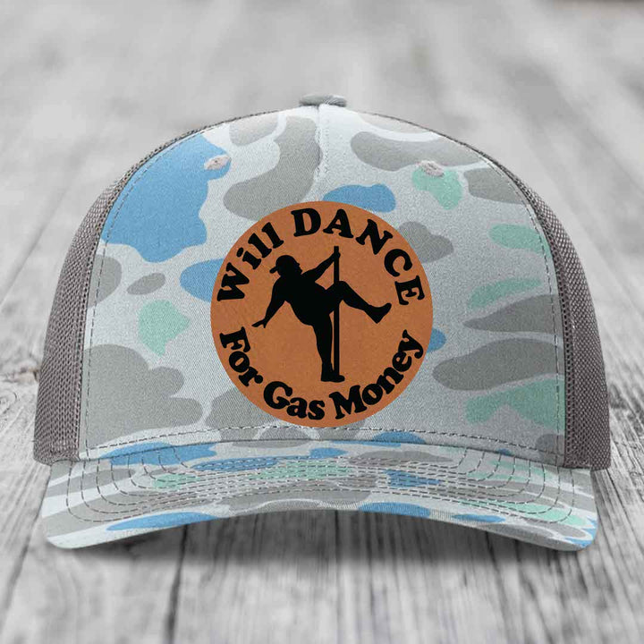 Will Dance For Gas Money - Leather Patch Hat - Rawhide to Black Patch - Richardson 112PFP Snapback Trucker Hat
