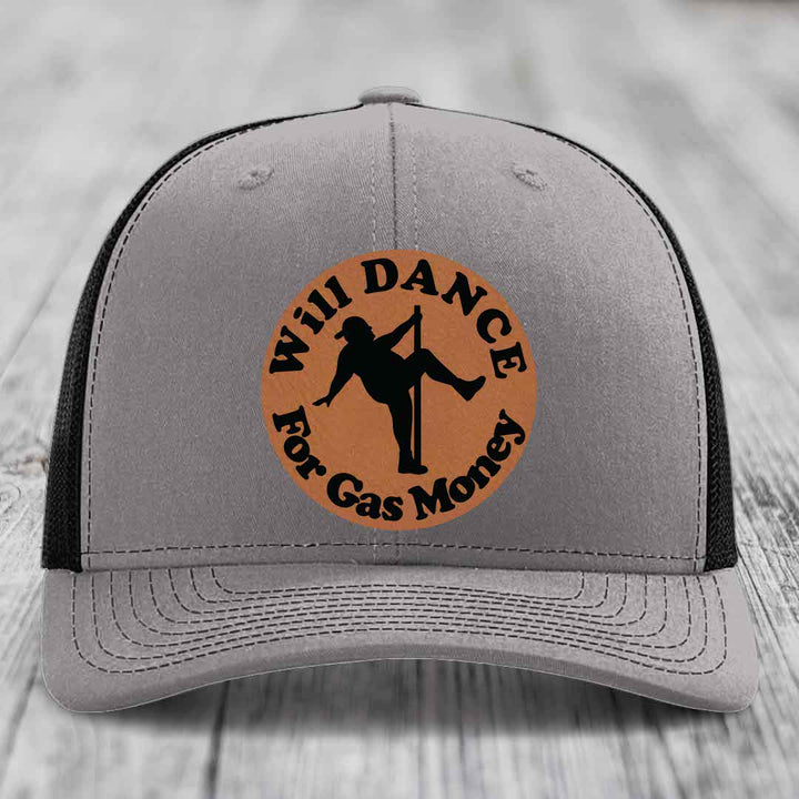 Will Dance For Gas Money - Leather Patch Hat - Rawhide to Black Patch - Richardson 112 Snapback Trucker Hat