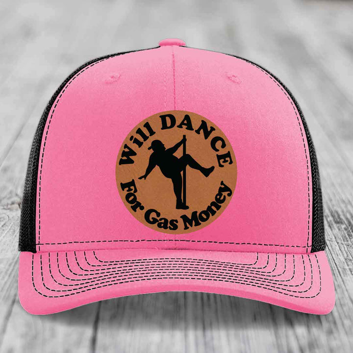 Will Dance For Gas Money - Leather Patch Hat - Rawhide to Black Patch - Richardson 112 Snapback Trucker Hat