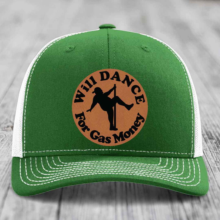 Will Dance For Gas Money - Leather Patch Hat - Rawhide to Black Patch - Richardson 112 Snapback Trucker Hat