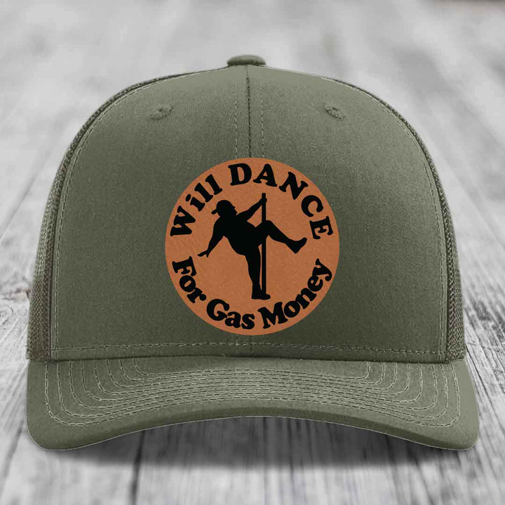Will Dance For Gas Money - Leather Patch Hat - Rawhide to Black Patch - Richardson 112 Snapback Trucker Hat