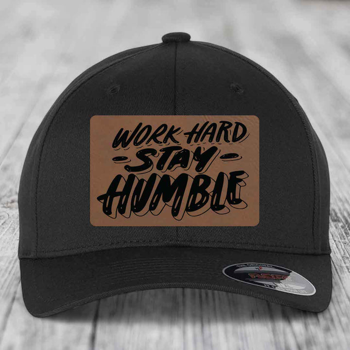 Work Hard, Stay Humble - Leather Patch Hat - Dark Brown to Black Patch - Flexfit 6277 Fitted Hat