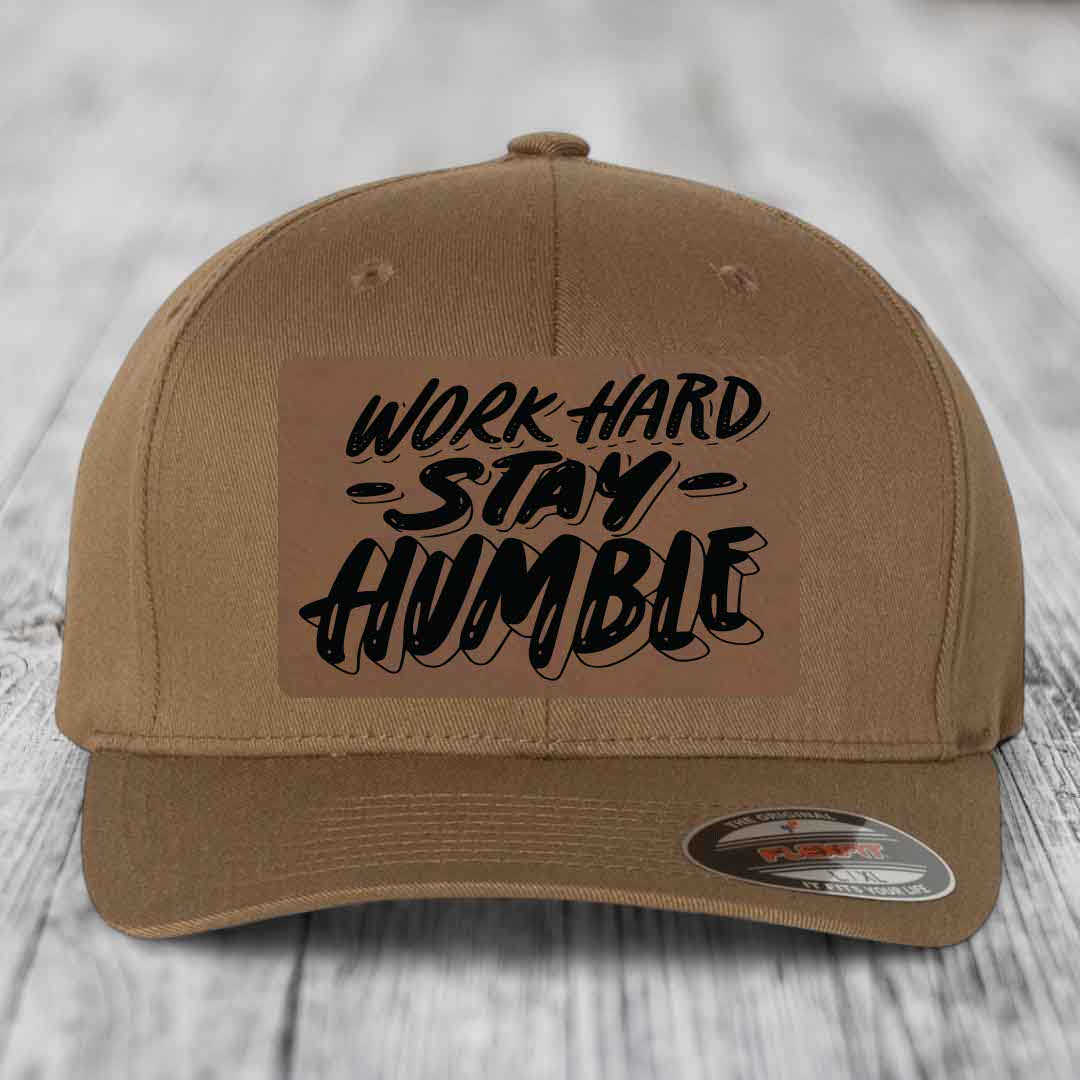 Work Hard, Stay Humble - Leather Patch Hat - Dark Brown to Black Patch - Flexfit 6277 Fitted Hat