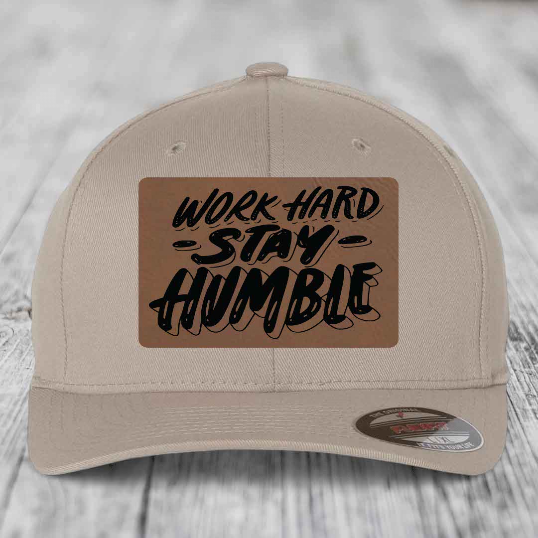 Work Hard, Stay Humble - Leather Patch Hat - Dark Brown to Black Patch - Flexfit 6277 Fitted Hat