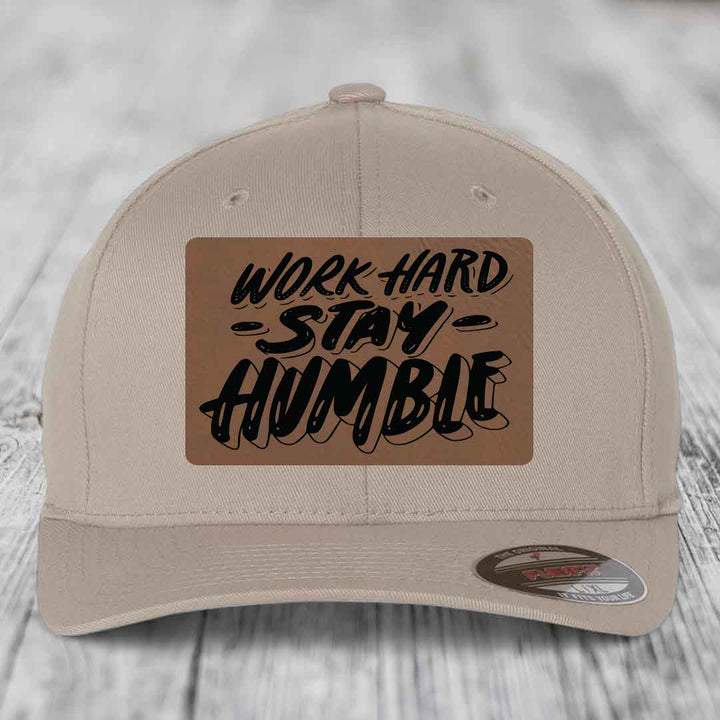 Work Hard, Stay Humble - Leather Patch Hat - Dark Brown to Black Patch - Flexfit 6277 Fitted Hat