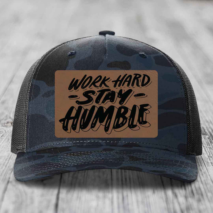 Work Hard, Stay Humble - Leather Patch Hat - Dark Brown to Black Patch - Richardson 112PFP Snapback Trucker Hat