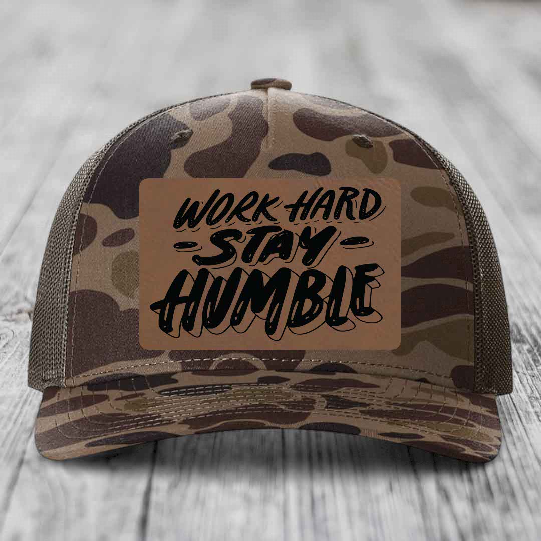 Work Hard, Stay Humble - Leather Patch Hat - Dark Brown to Black Patch - Richardson 112PFP Snapback Trucker Hat