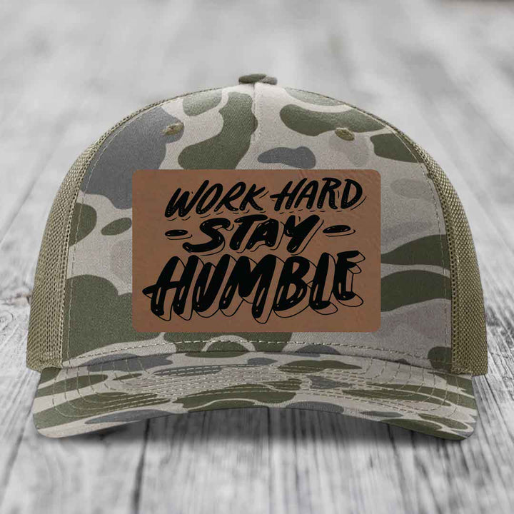 Work Hard, Stay Humble - Leather Patch Hat - Dark Brown to Black Patch - Richardson 112PFP Snapback Trucker Hat