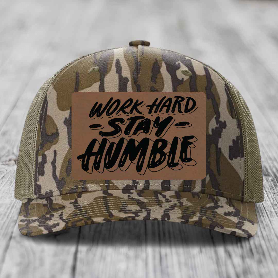 Work Hard, Stay Humble - Leather Patch Hat - Dark Brown to Black Patch - Richardson 112PFP Snapback Trucker Hat