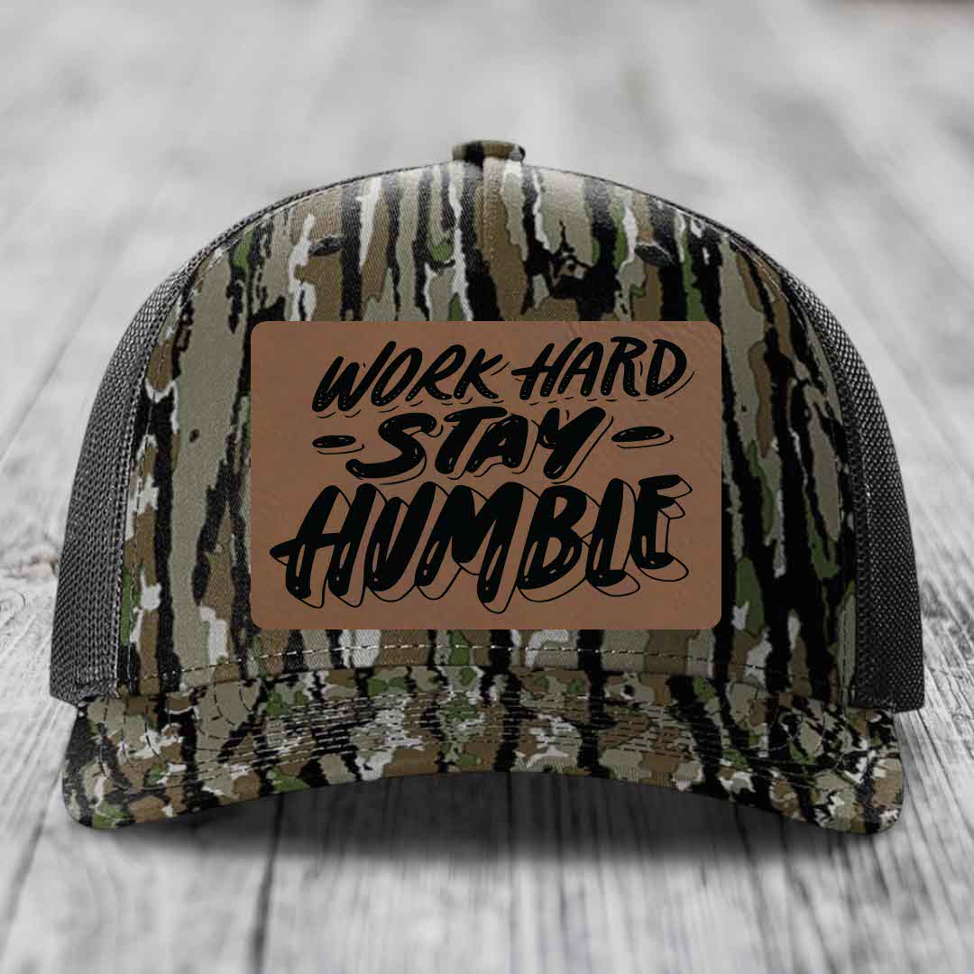 Work Hard, Stay Humble - Leather Patch Hat - Dark Brown to Black Patch - Richardson 112PFP Snapback Trucker Hat