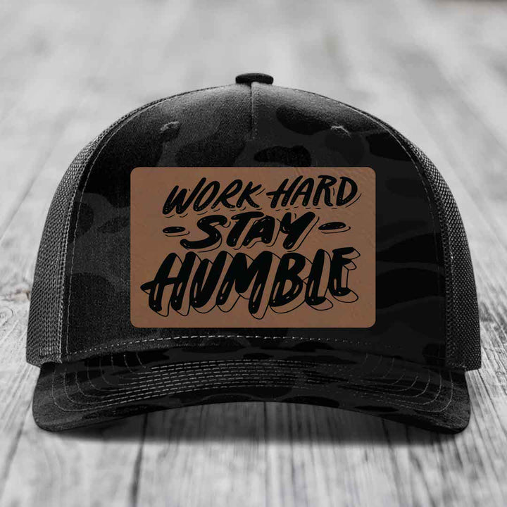 Work Hard, Stay Humble - Leather Patch Hat - Dark Brown to Black Patch - Richardson 112PFP Snapback Trucker Hat