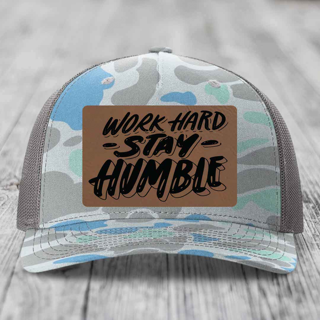 Work Hard, Stay Humble - Leather Patch Hat - Dark Brown to Black Patch - Richardson 112PFP Snapback Trucker Hat