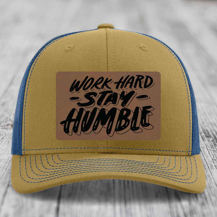 Work Hard, Stay Humble - Leather Patch Hat - Dark Brown to Black Patch - Richardson 112 Snapback Trucker Hat