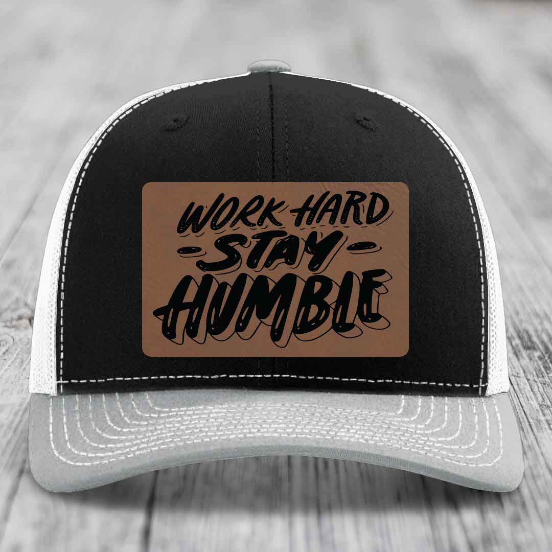 Work Hard, Stay Humble - Leather Patch Hat - Dark Brown to Black Patch - Richardson 112 Snapback Trucker Hat
