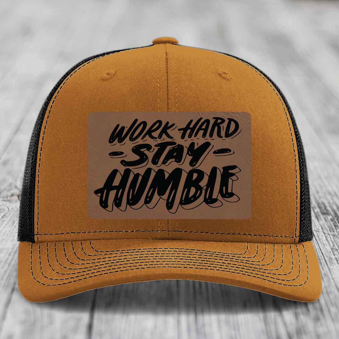 Work Hard, Stay Humble - Leather Patch Hat - Dark Brown to Black Patch - Richardson 112 Snapback Trucker Hat