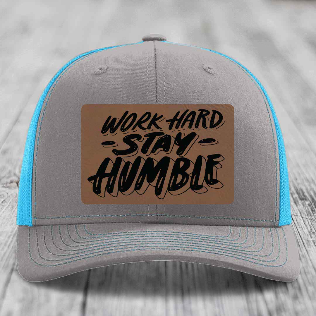 Work Hard, Stay Humble - Leather Patch Hat - Dark Brown to Black Patch - Richardson 112 Snapback Trucker Hat