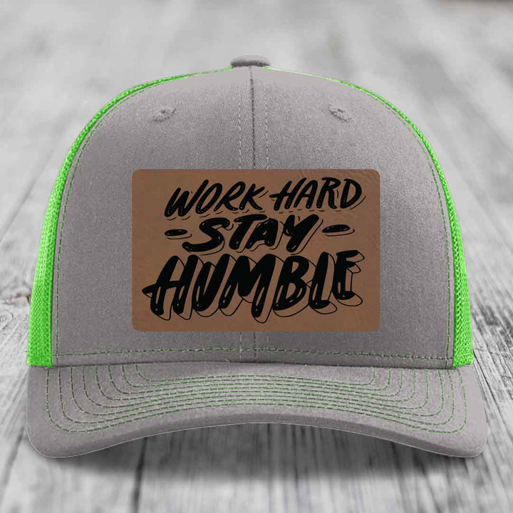 Work Hard, Stay Humble - Leather Patch Hat - Dark Brown to Black Patch - Richardson 112 Snapback Trucker Hat