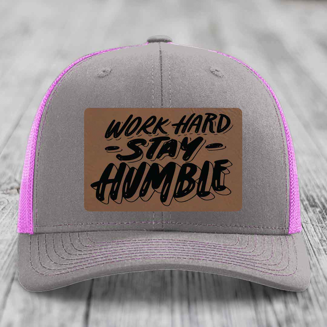 Work Hard, Stay Humble - Leather Patch Hat - Dark Brown to Black Patch - Richardson 112 Snapback Trucker Hat