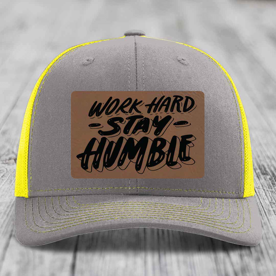 Work Hard, Stay Humble - Leather Patch Hat - Dark Brown to Black Patch - Richardson 112 Snapback Trucker Hat