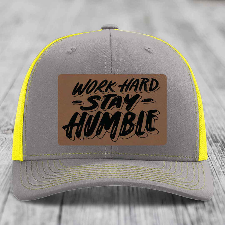 Work Hard, Stay Humble - Leather Patch Hat - Dark Brown to Black Patch - Richardson 112 Snapback Trucker Hat