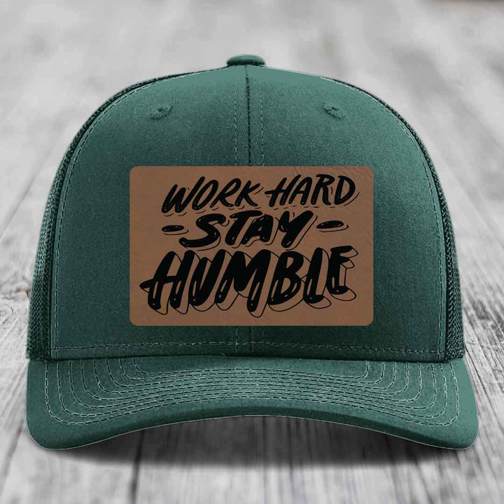Work Hard, Stay Humble - Leather Patch Hat - Dark Brown to Black Patch - Richardson 112 Snapback Trucker Hat