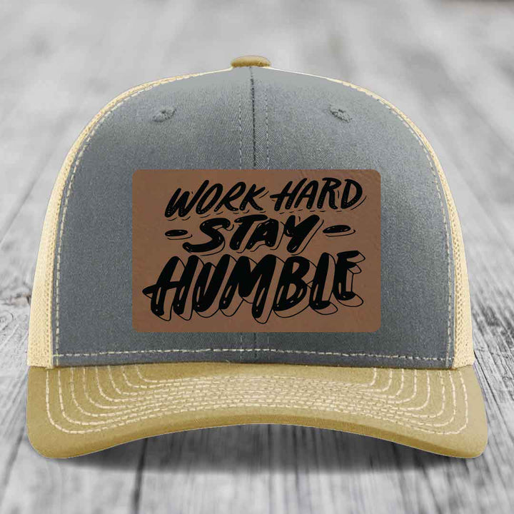 Work Hard, Stay Humble - Leather Patch Hat - Dark Brown to Black Patch - Richardson 112 Snapback Trucker Hat