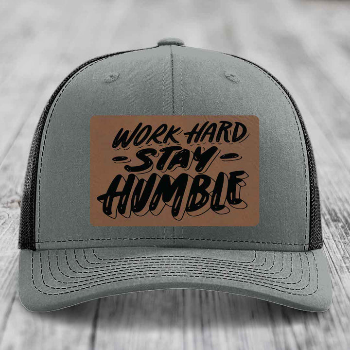 Work Hard, Stay Humble - Leather Patch Hat - Dark Brown to Black Patch - Richardson 112 Snapback Trucker Hat