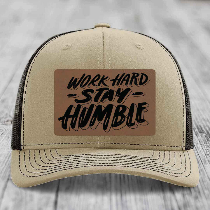 Work Hard, Stay Humble - Leather Patch Hat - Dark Brown to Black Patch - Richardson 112 Snapback Trucker Hat