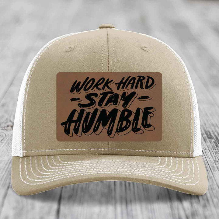 Work Hard, Stay Humble - Leather Patch Hat - Dark Brown to Black Patch - Richardson 112 Snapback Trucker Hat