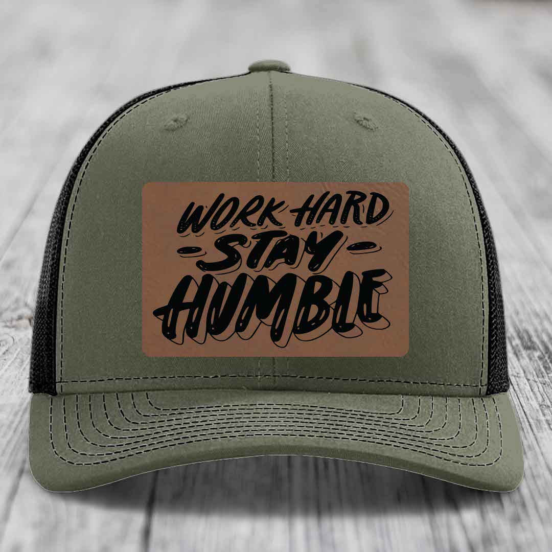 Work Hard, Stay Humble - Leather Patch Hat - Dark Brown to Black Patch - Richardson 112 Snapback Trucker Hat
